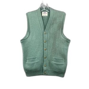 Campus Cardigan Sweater Vest Mens Green Tight Knit Button Front V Neck Preppy